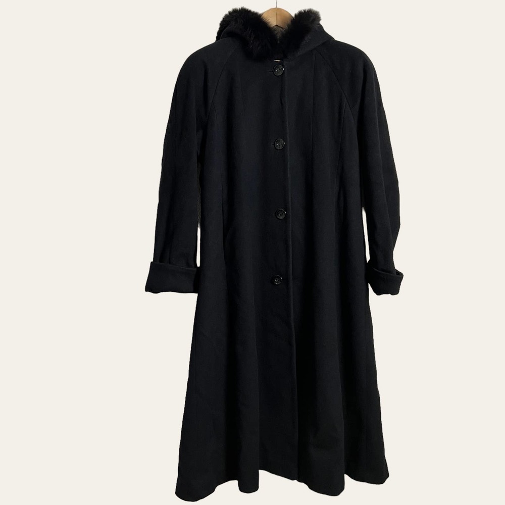 Vintage Andrea Collection Black Wool Blend Fox Fur Trim Hooded Coat Size 6 - Picture 1 of 7